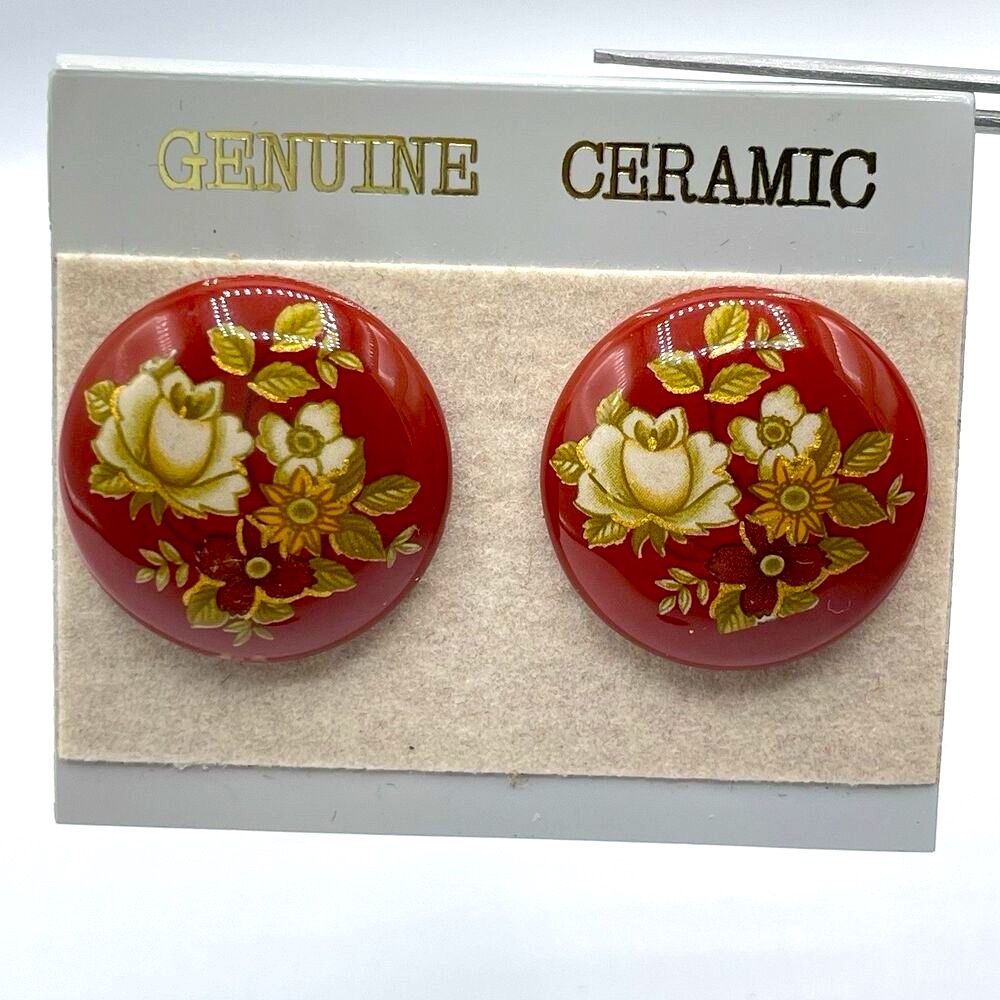 Vintage Ceramic Red Cream Floral Stud Post Setting Earrings Statement Art Deco